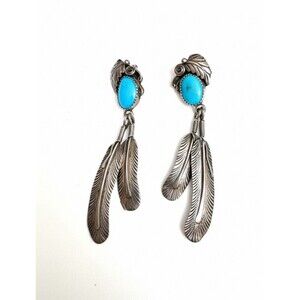 Vintage Annie Chapo Navajo Turquoise Double Feather Dangle Sterling Earrings
